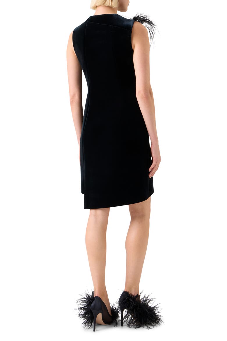 Feather Trim Velvet Neoprene Dress, Alternate, color, BLACK