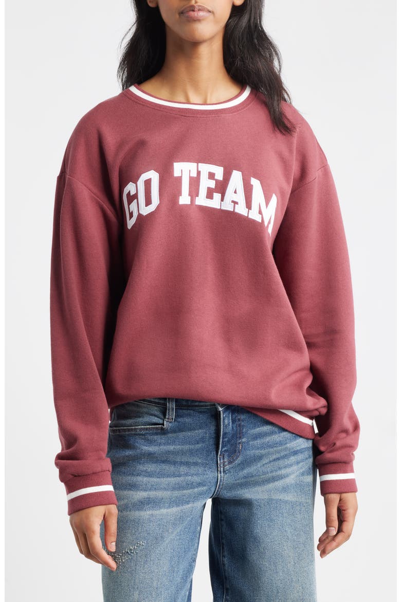 Go Team Embroidered Relaxed Fit Cotton Blend Sweatshirt, Main, color, BRIGHT WHITE/OXBLOOD RED