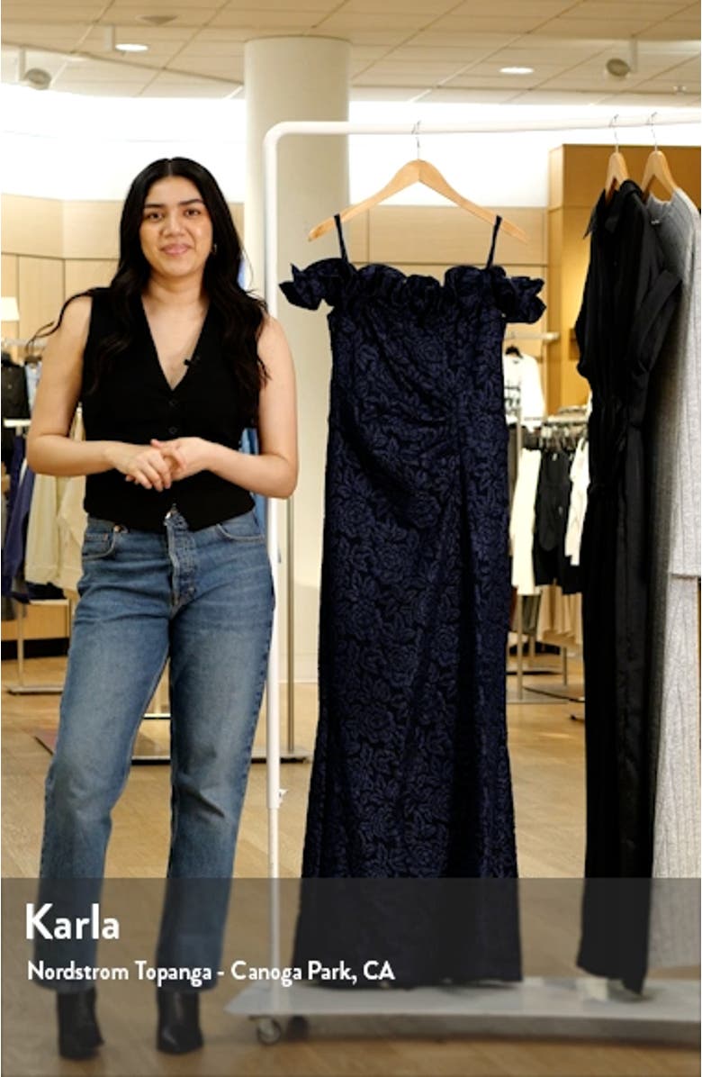 Ruffle Off the Shoulder Brocade Gown, sales video thumbnail