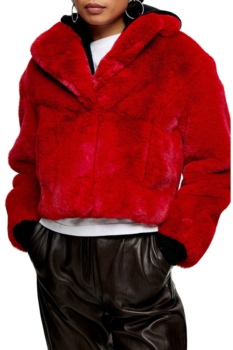 Faux Fur Crop Jacket, Main, color, RED
