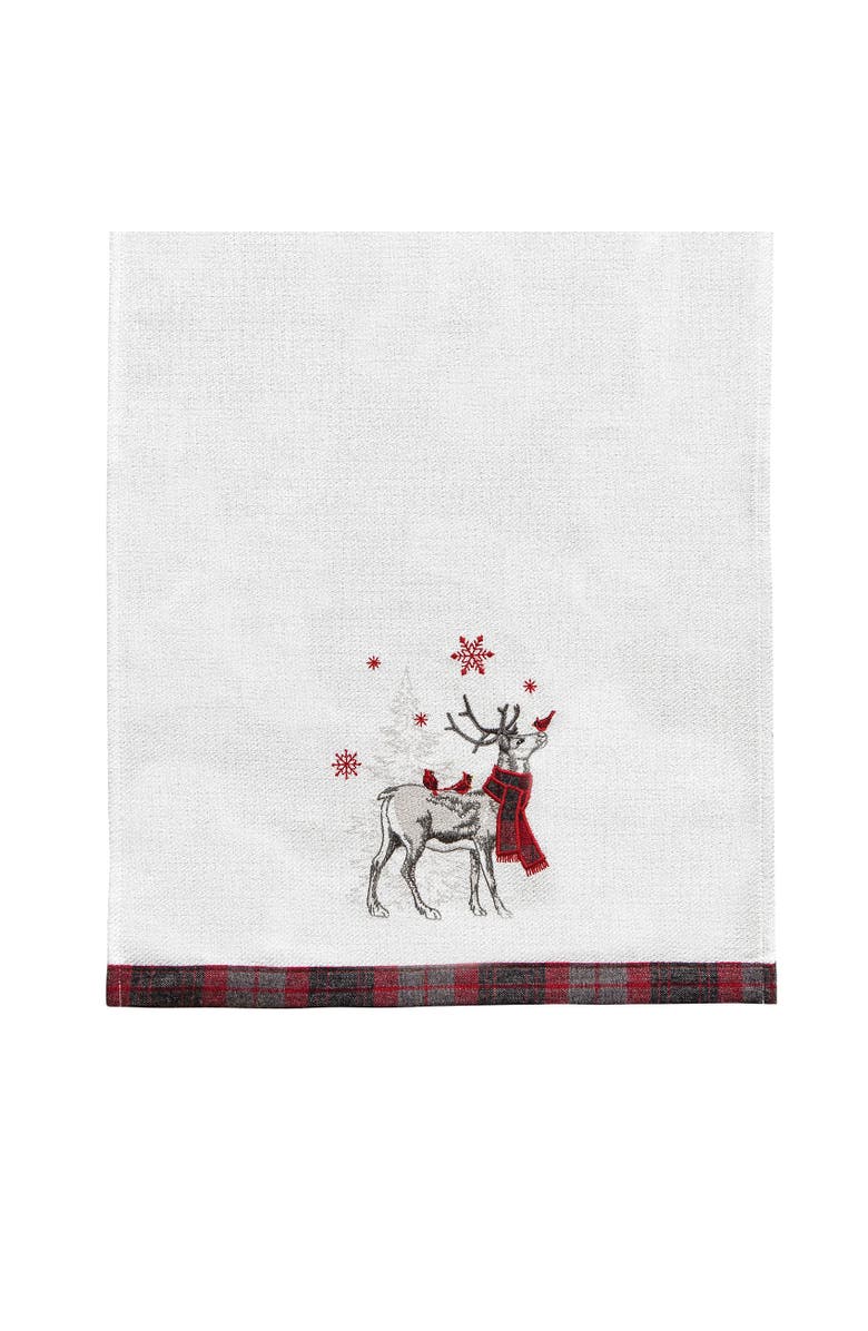 C&F Home 27" x 18" Frosty Deer White Deer Wearing Red & Black Plaid Scarf Christmas Holiday Embellished Flour Sack Kitchen Dish Towel, Alternate, color, White