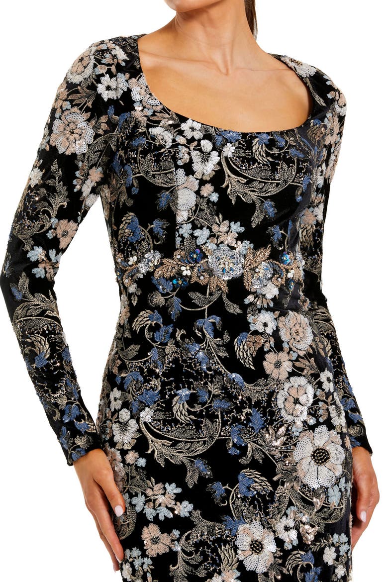 Embroidered Velvet Long Sleeve Scoop Neck Gown, Alternate, color, Black Multi