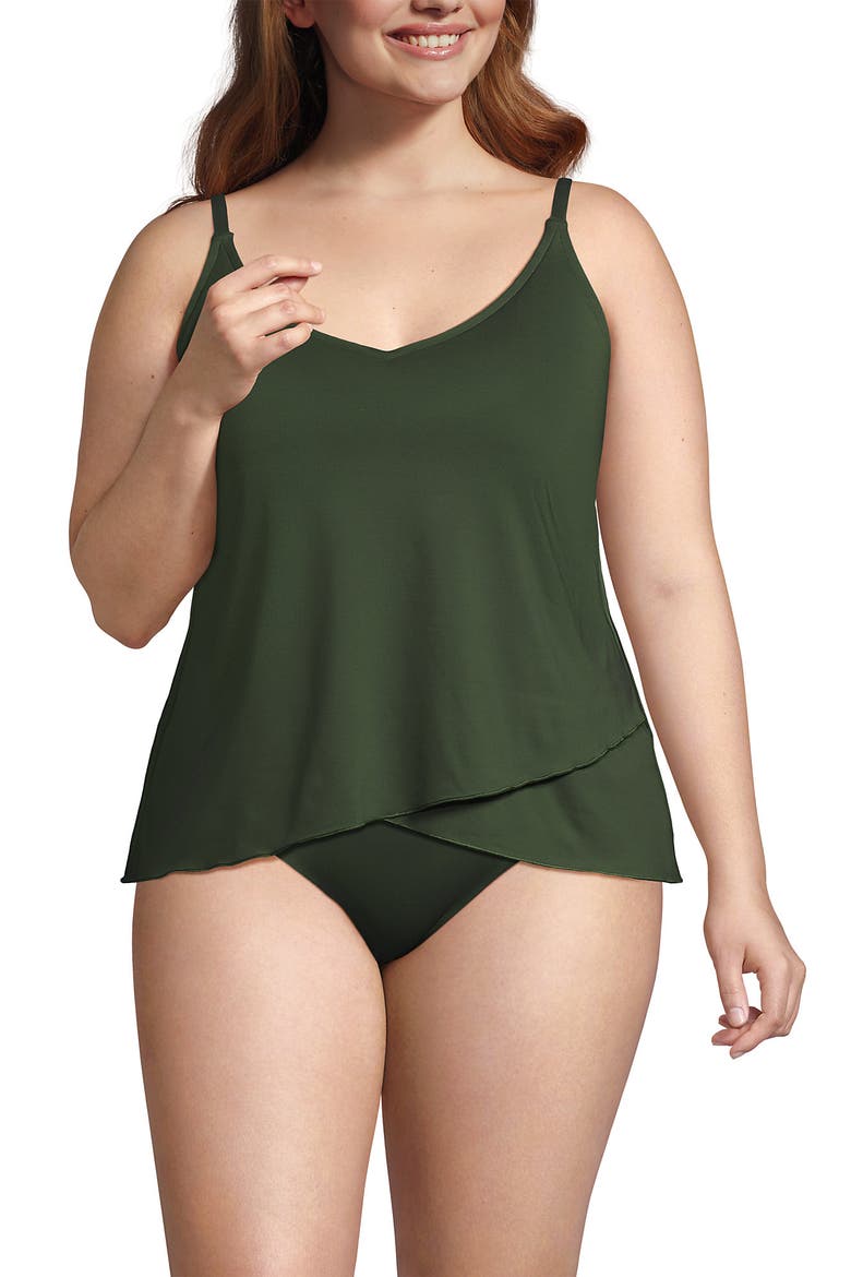 D-Cup Chlorine Resistant V-Neck Tulip Hem Tankini Swimsuit Top with Adjustable Straps, Alternate, color, Rich Olive Green