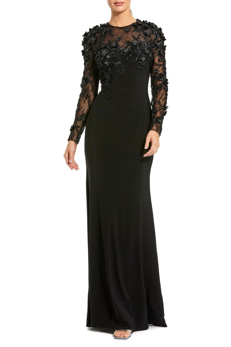 Petite Jersey Long Sleeve Fitted Gown With Floral Beading, Main, color, Black