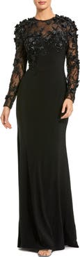 Mac Duggal Petite Jersey Long Sleeve Fitted Gown With Floral Beading