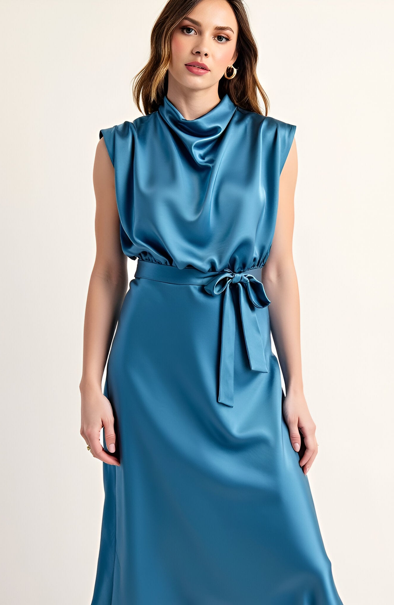 Modenaire Sleeveless Satin Midi Dress with Cowl Neck and Waist Tie Detail, Alternate, color,