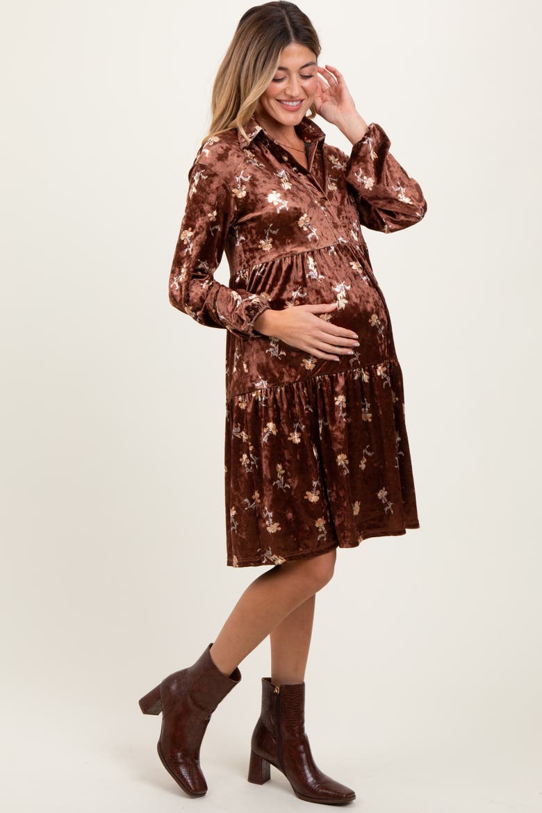 Floral Velvet Button Down Midi Dress, Alternate, color, Brown