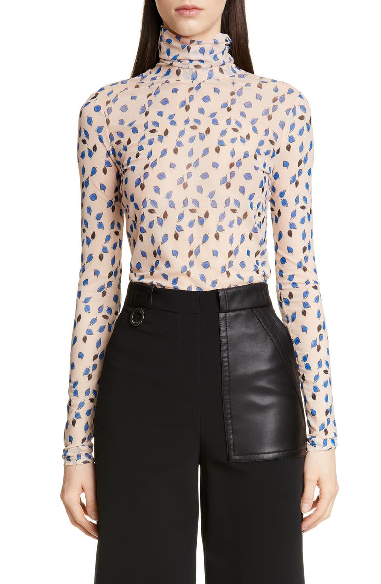 Yigal Azrouël Falling Leaf Print Mesh Top, Main, color, Blush Multi