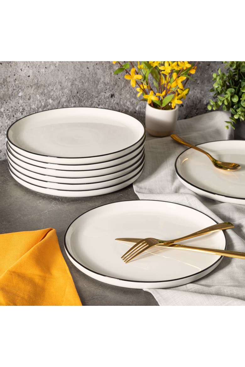 Oslo 8 Piece Porcelain Dinner Plate Set, Alternate, color, White with Black Rim
