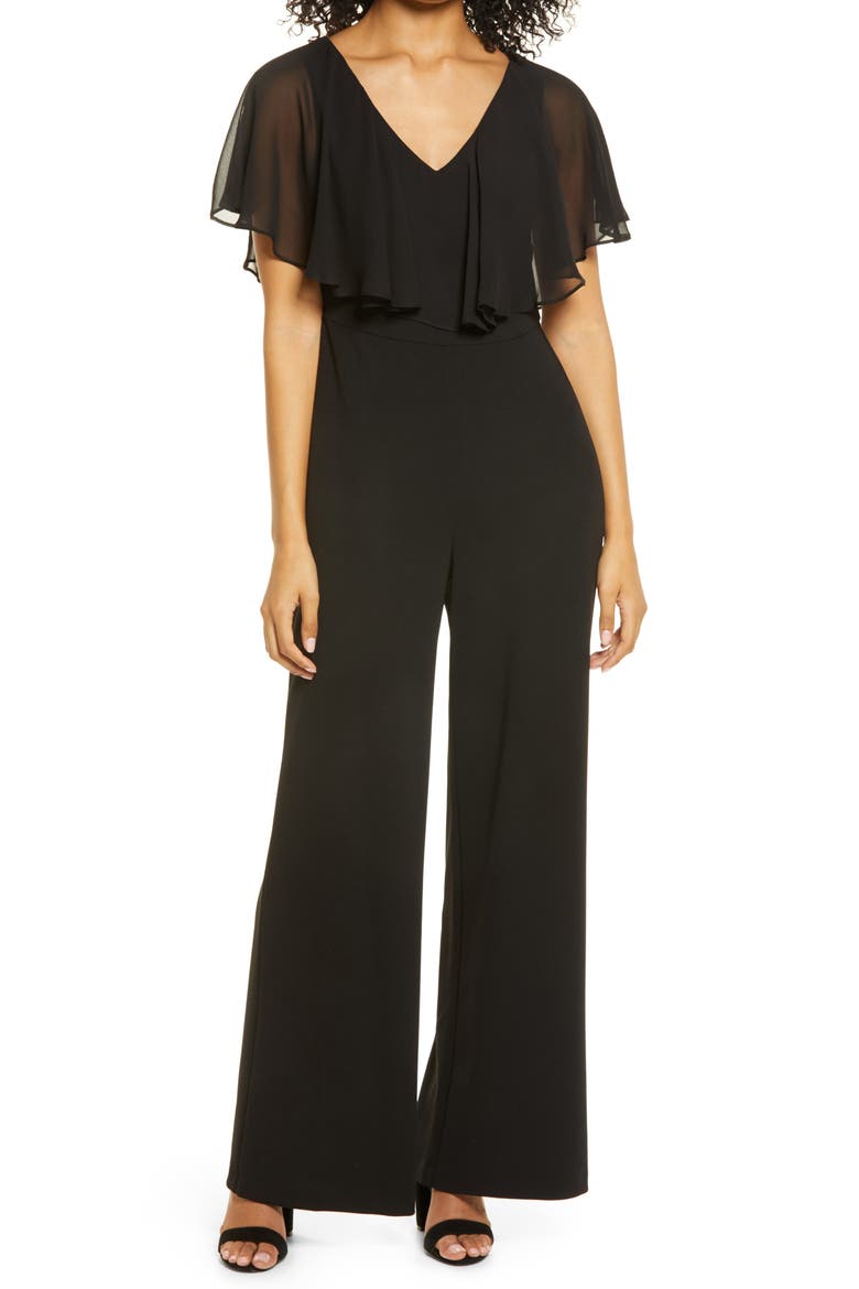 Chiffon Cape Jumpsuit, Main, color, BLACK