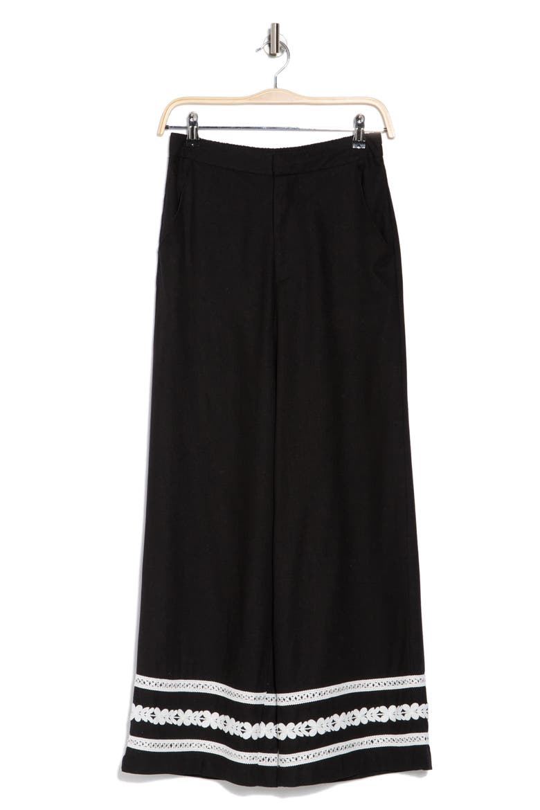 Embroidered Wide Leg Pants, Alternate, color, BLACK/ IVORY