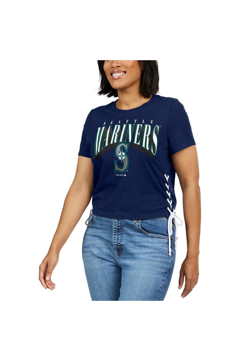 Women's WEAR by Erin Andrews Navy Seattle Mariners Side Lace-Up Cropped T-Shirt, Alternate, color, Navy