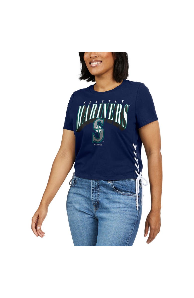 WEAR by Erin Andrews Women's WEAR by Erin Andrews Navy Seattle Mariners Side Lace-Up Cropped T-Shirt, Alternate, color,