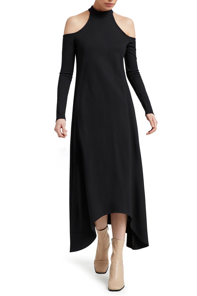 Kalene Cold Shoulder Long Sleeve High-Low Maxi Dress, Main, color, BLACK