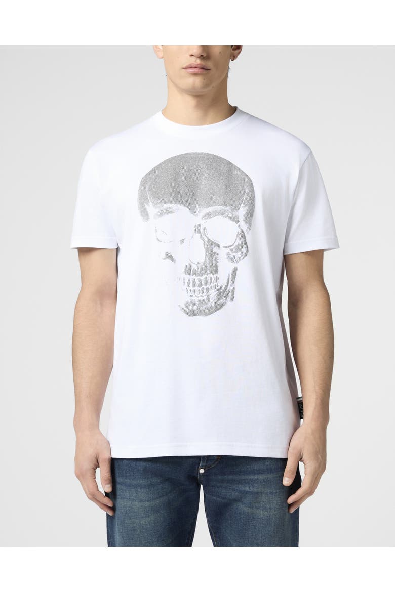 Round Neck T-Shirt Glitter Skull Men, Main, color, white