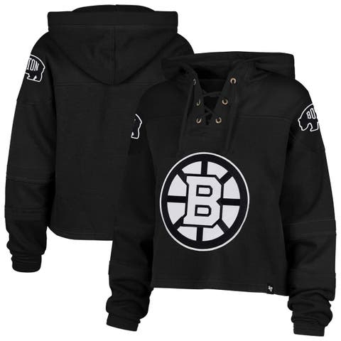 Women's '47  Black Boston Bruins Cropped Lacer Hoodie