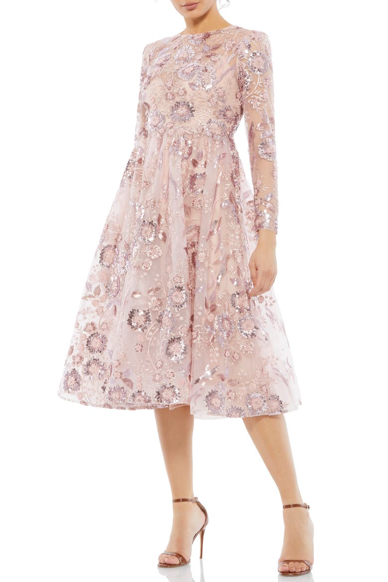 Sequin Floral Long Sleeve A-Line Midi Dress, Main, color, ROSE PINK