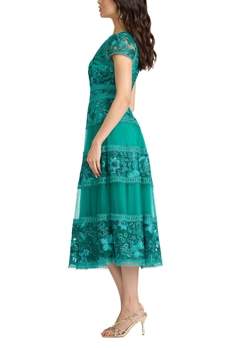 Embroidered Lace Trim Tiered Cocktail Dress, Alternate, color, EMERALD