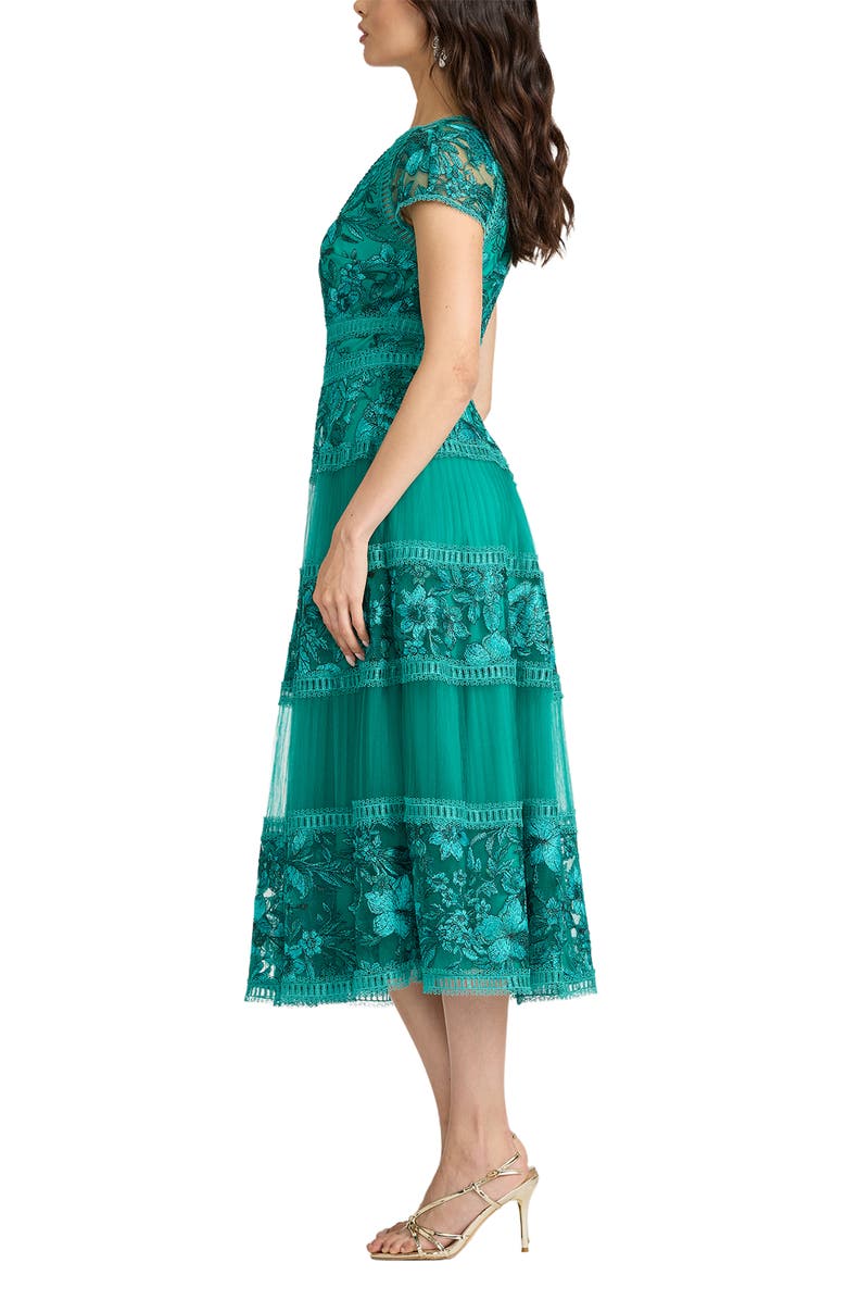 Tadashi Shoji Embroidered Lace Trim Tiered Cocktail Dress, Alternate, color, Emerald