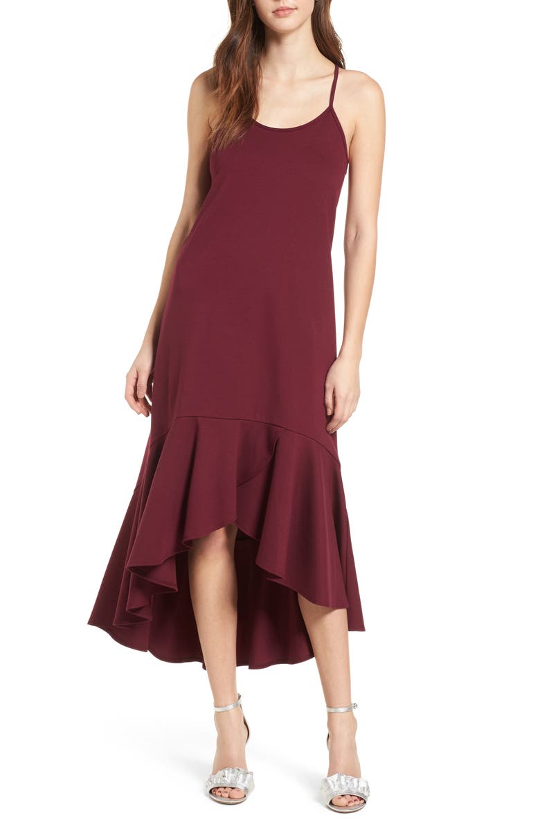 Leith Ruffle Midi Dress, Main, color, Burgundy Plum