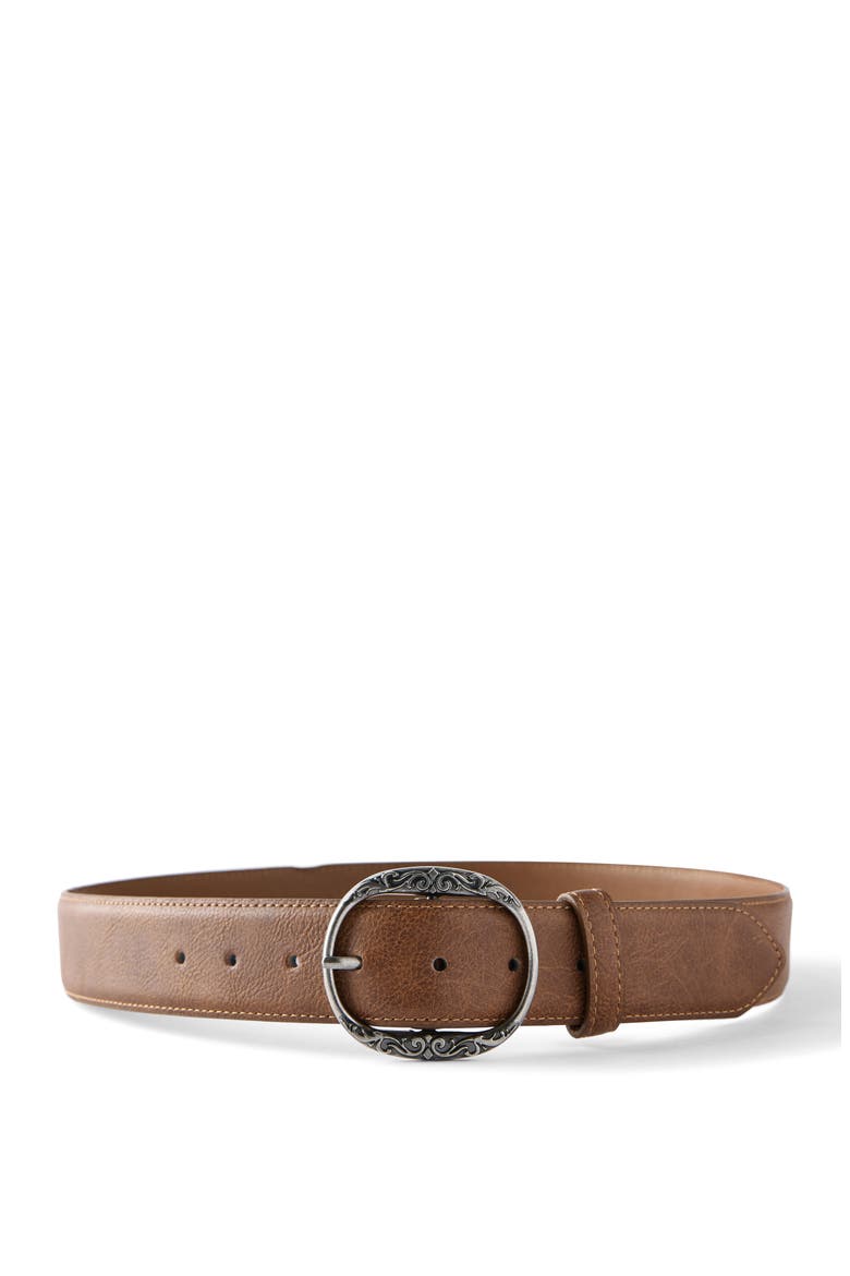 Men's Oval Buckle Belt, Main, color, Brown Burnished Silver