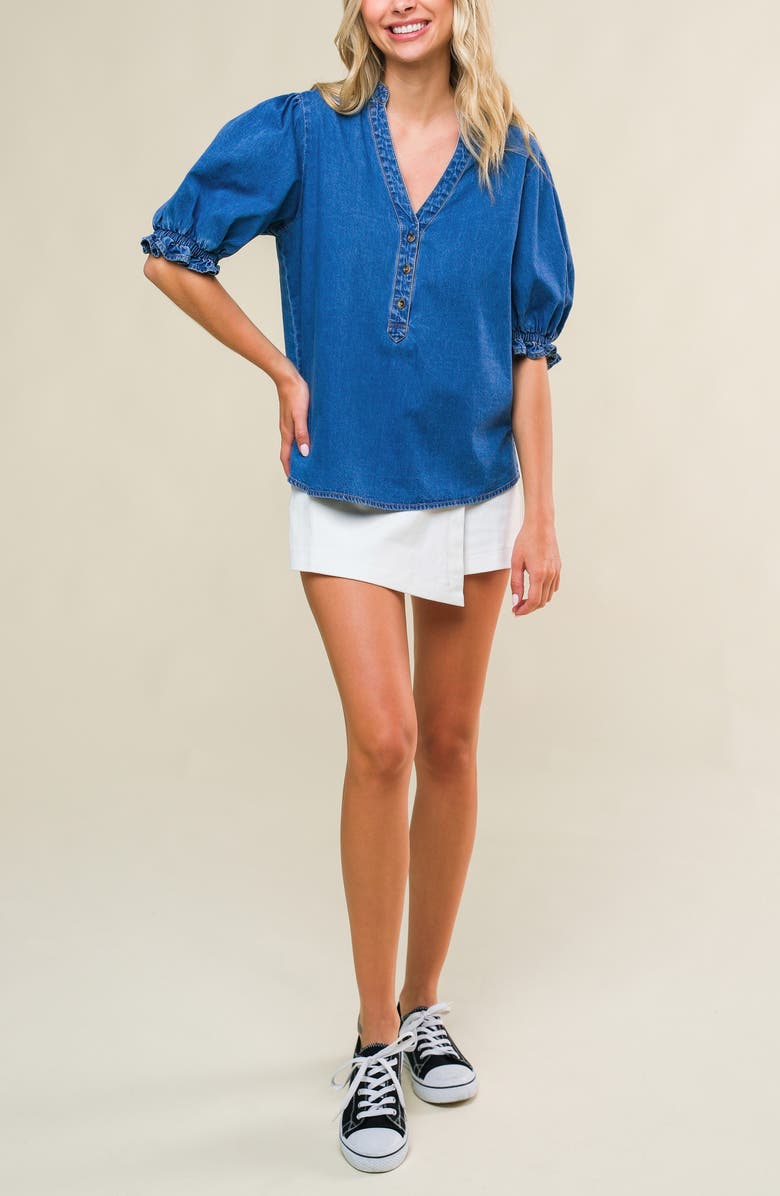 FLYING TOMATO Puff Sleeve Denim Top, Alternate, color, Medium Indigo