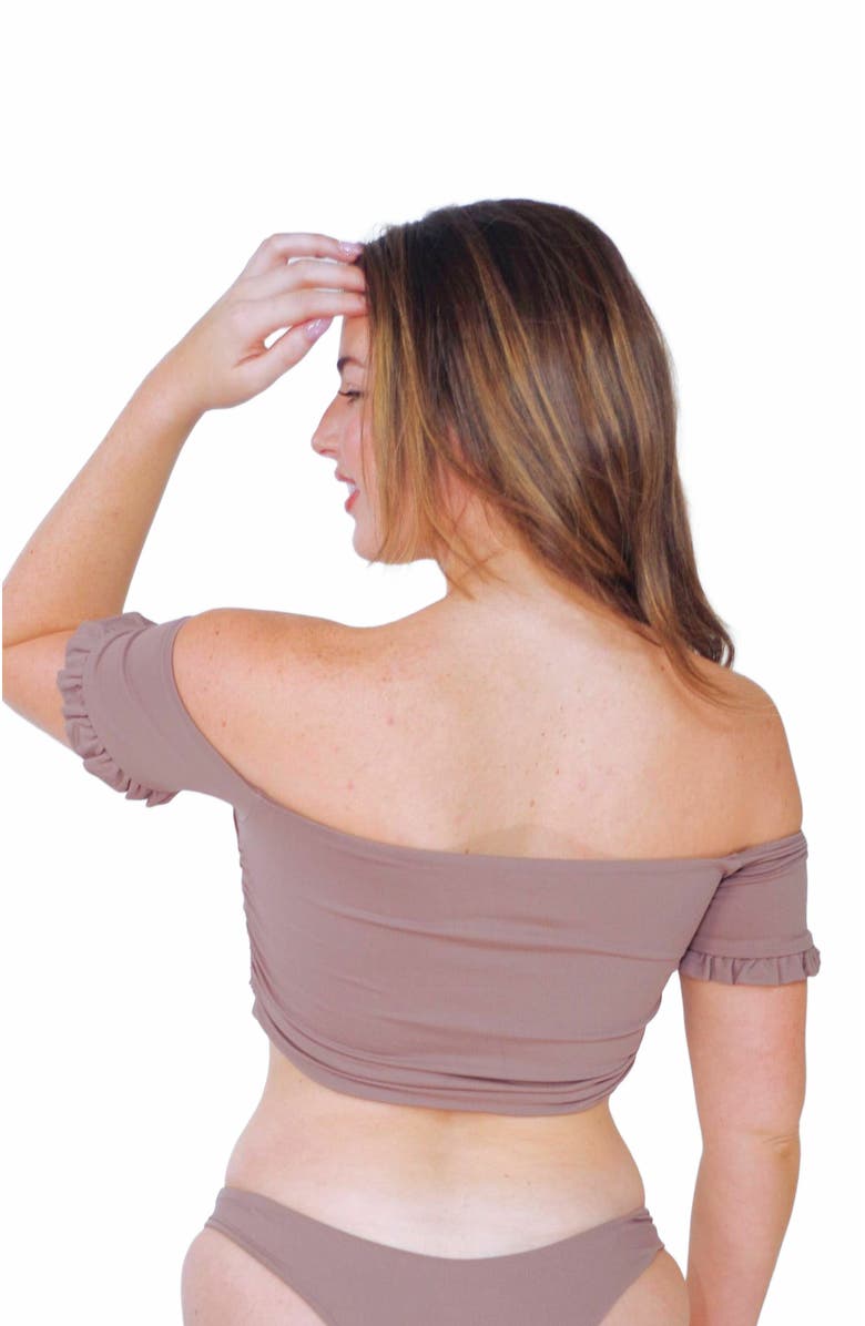 Mary Mercedes Cali Off-The-Shoulder Bikini Crop Top With Short Sleeves, Alternate, color, Taupe