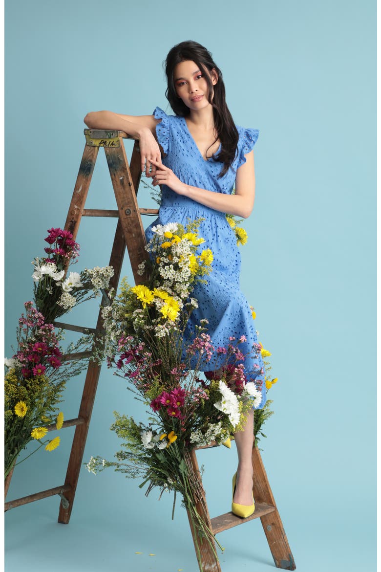 Cotton Eyelet Tiered Midi Dress, Alternate, color, MARINA BLU