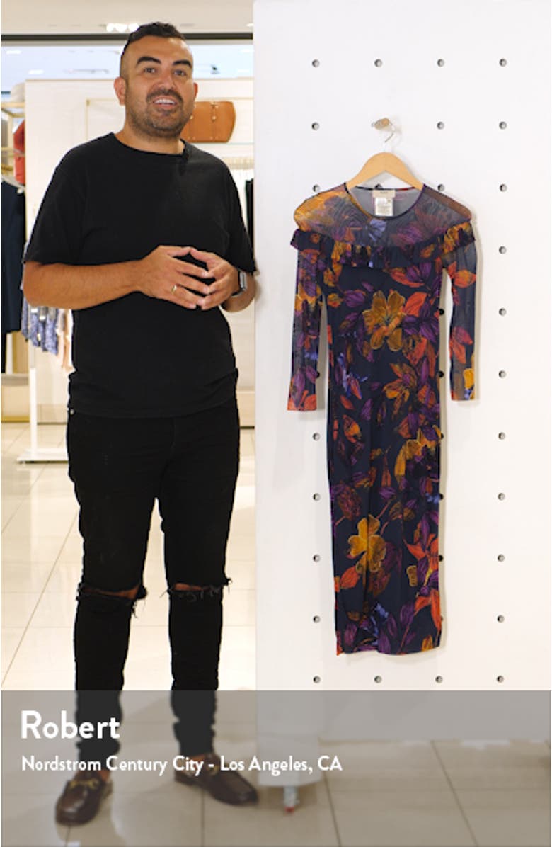 Floral Ruffle Trim Sheer Sleeve Dress, sales video thumbnail