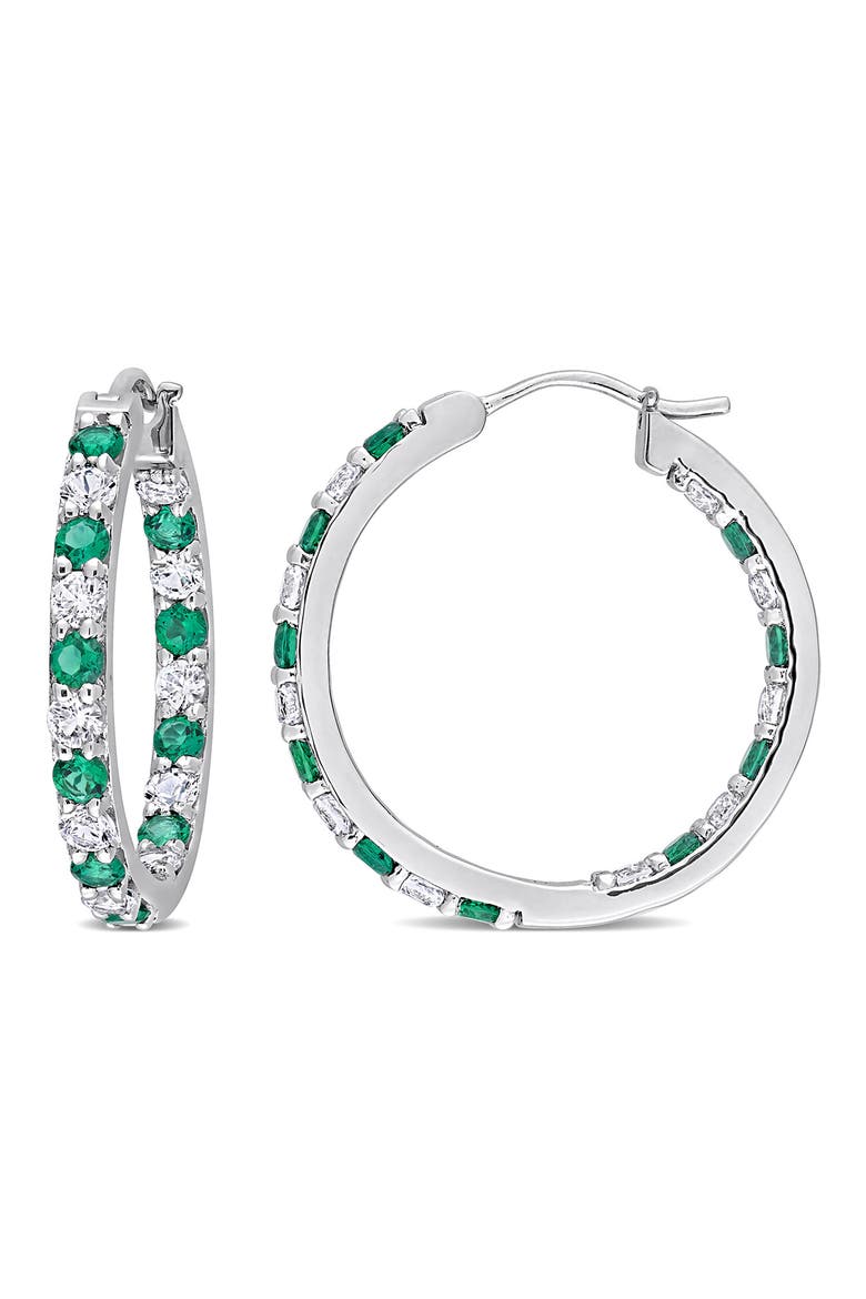 Sterling Silver Created Emerald & Created White Sapphire Hoop Earrings, Main, color, GREEN