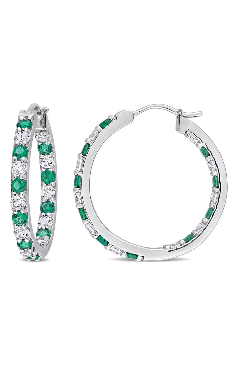 DELMAR Sterling Silver Created Emerald & Created White Sapphire Hoop Earrings, Main, color, Green