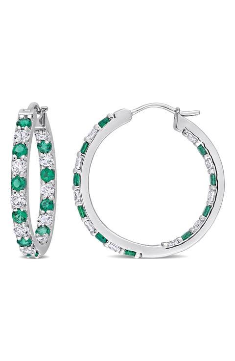 Sterling Silver Created Emerald & Created White Sapphire Hoop Earrings