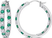 DELMAR Sterling Silver Created Emerald & Created White Sapphire Hoop Earrings