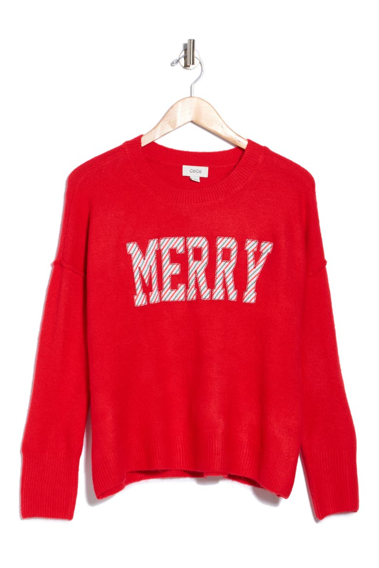 Stripe Merry Long Sleeve Sweater, Alternate, color, BRIGHT CHERRY