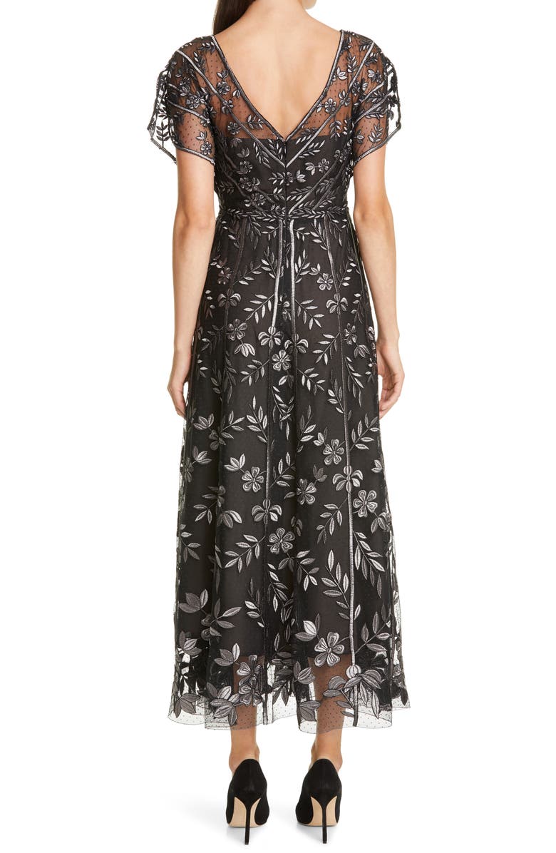 Lela Rose Flutter Sleeve Vine Embroidered Tulle Dress, Alternate, color, 