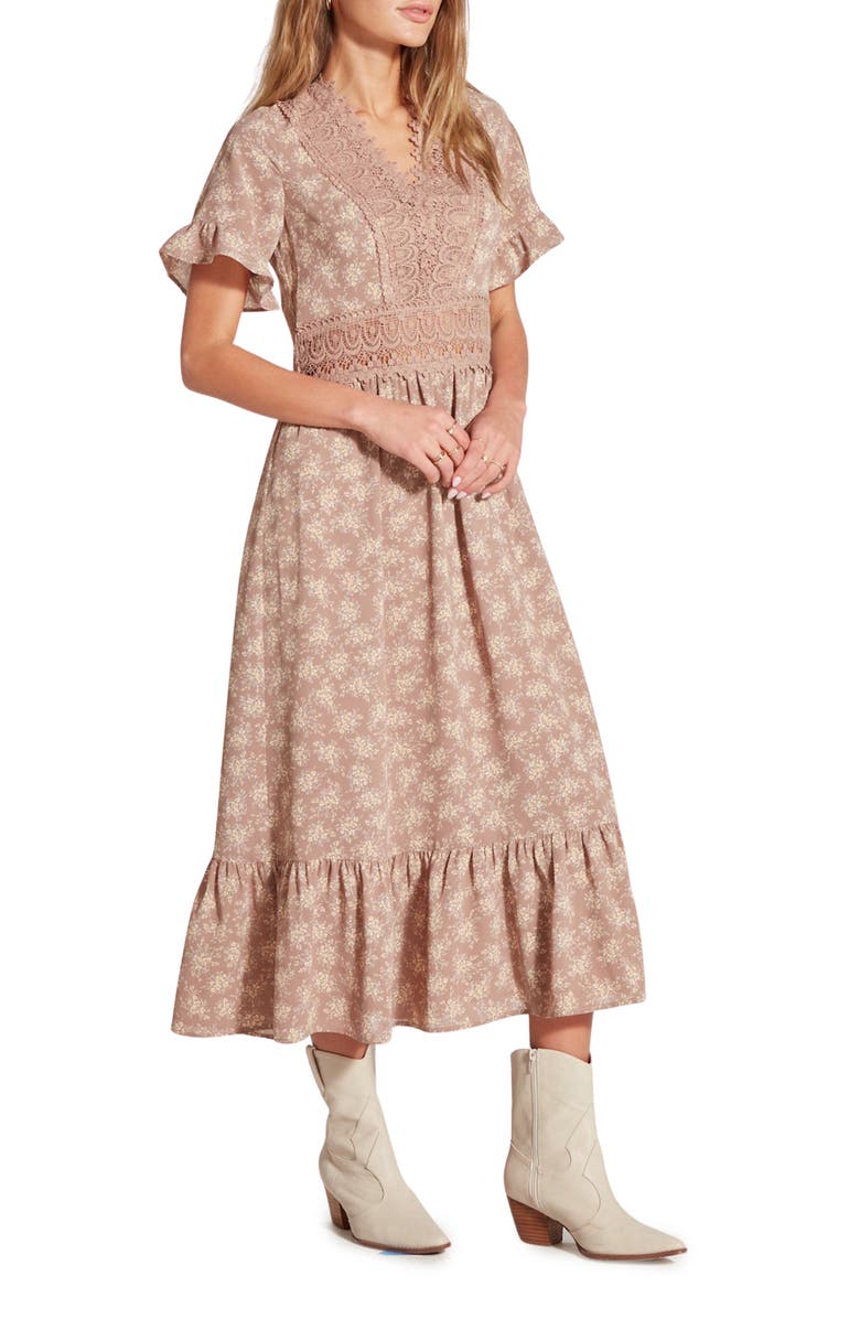 WISHLIST Floral Short Sleeve Midi Dress, Alternate, color, Taupe Floral
