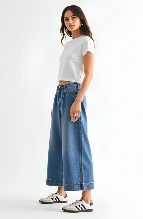 Modenaire Wide Leg Cropped Denim Pants With High Waist And Cuffed Hem In Blue