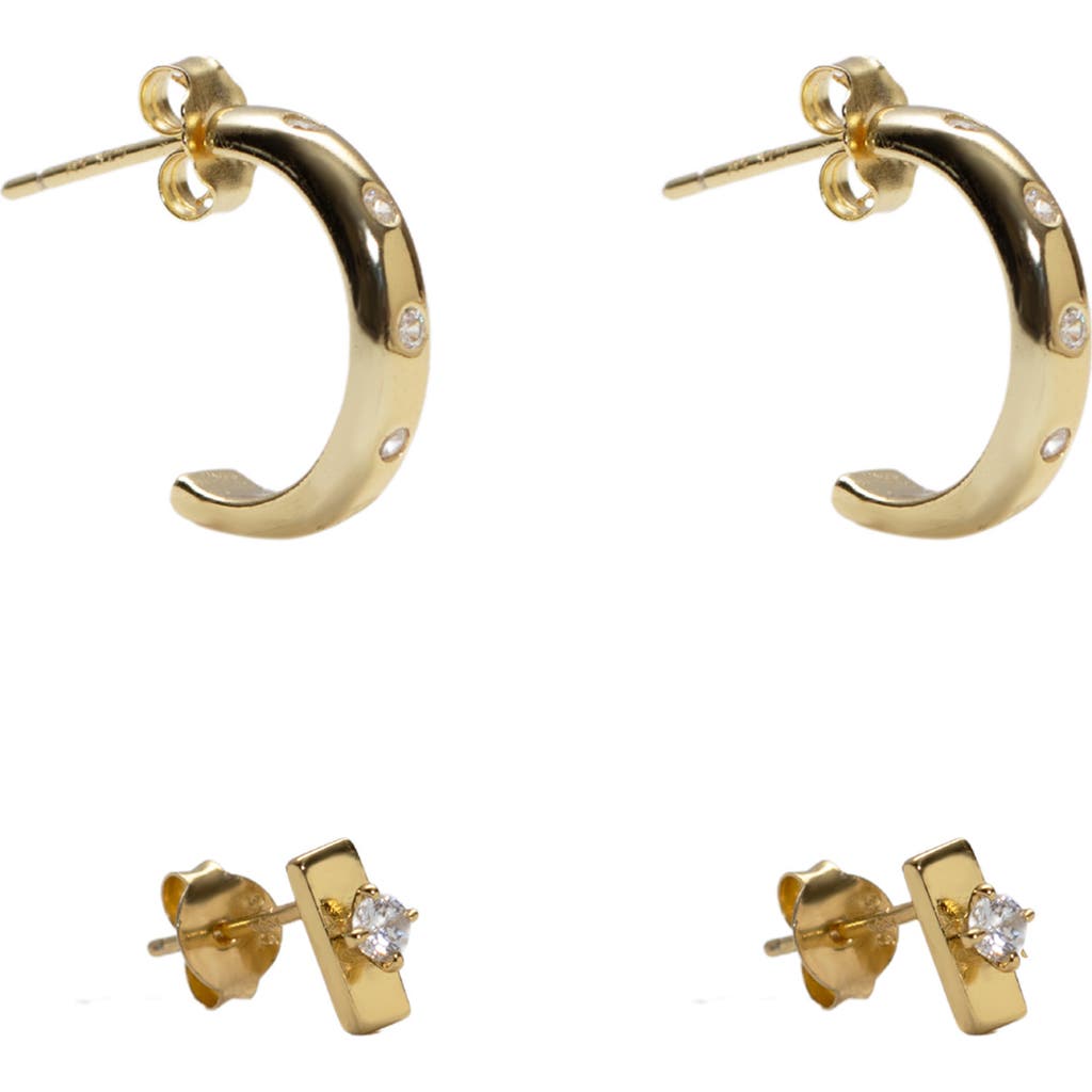 Argento Vivo Sterling Silver Cubic Zirconia Stud & Hoop Earrings Set In Gold
