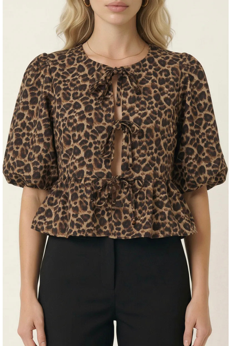 Peplum Top With Front Tie Closures And Short Puff Sleeves, Main, color, Leopard Print