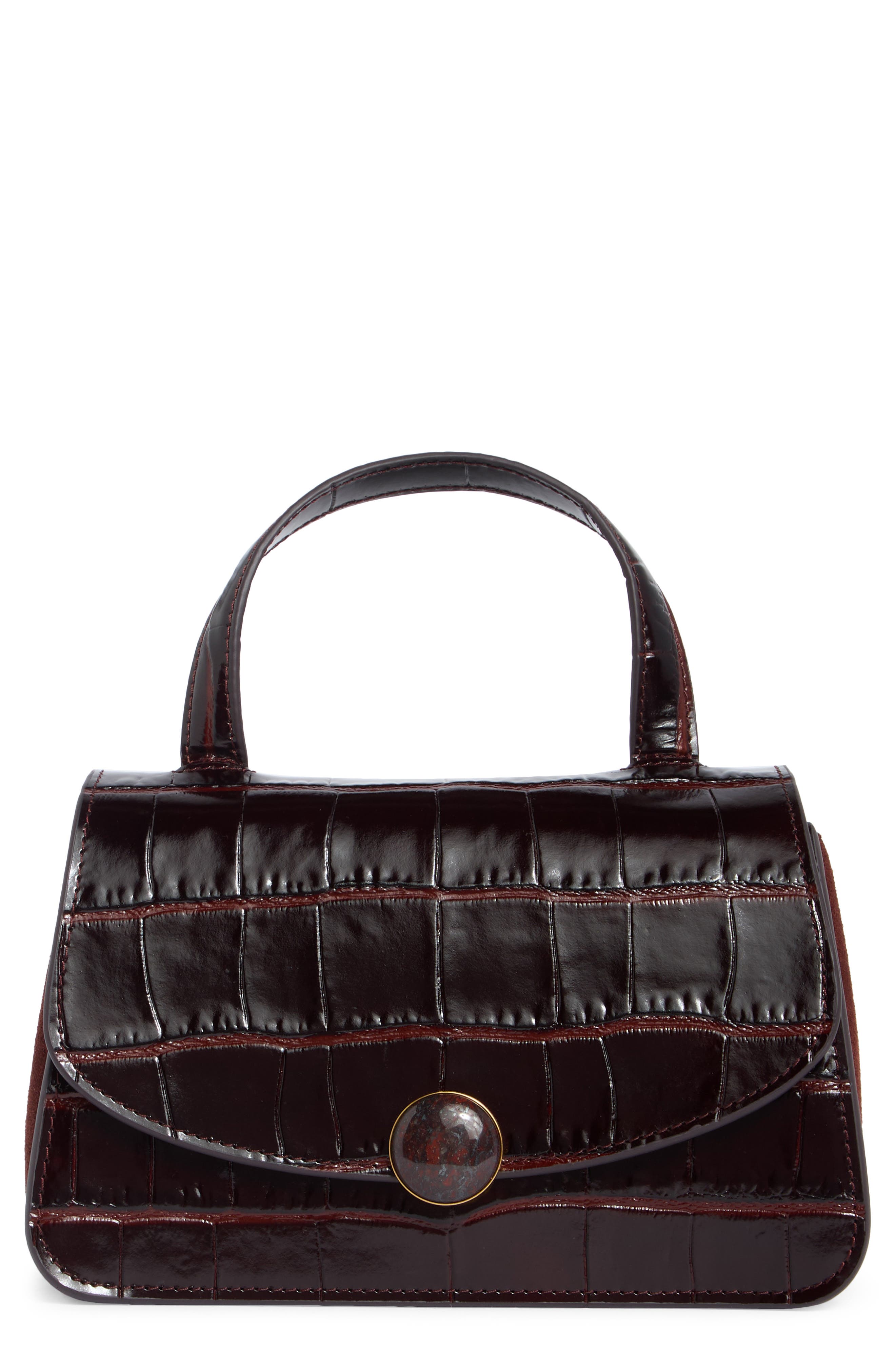 Flora Mini Croc Embossed Leather Top Handle Bag, Main, color, BLACK ROSE