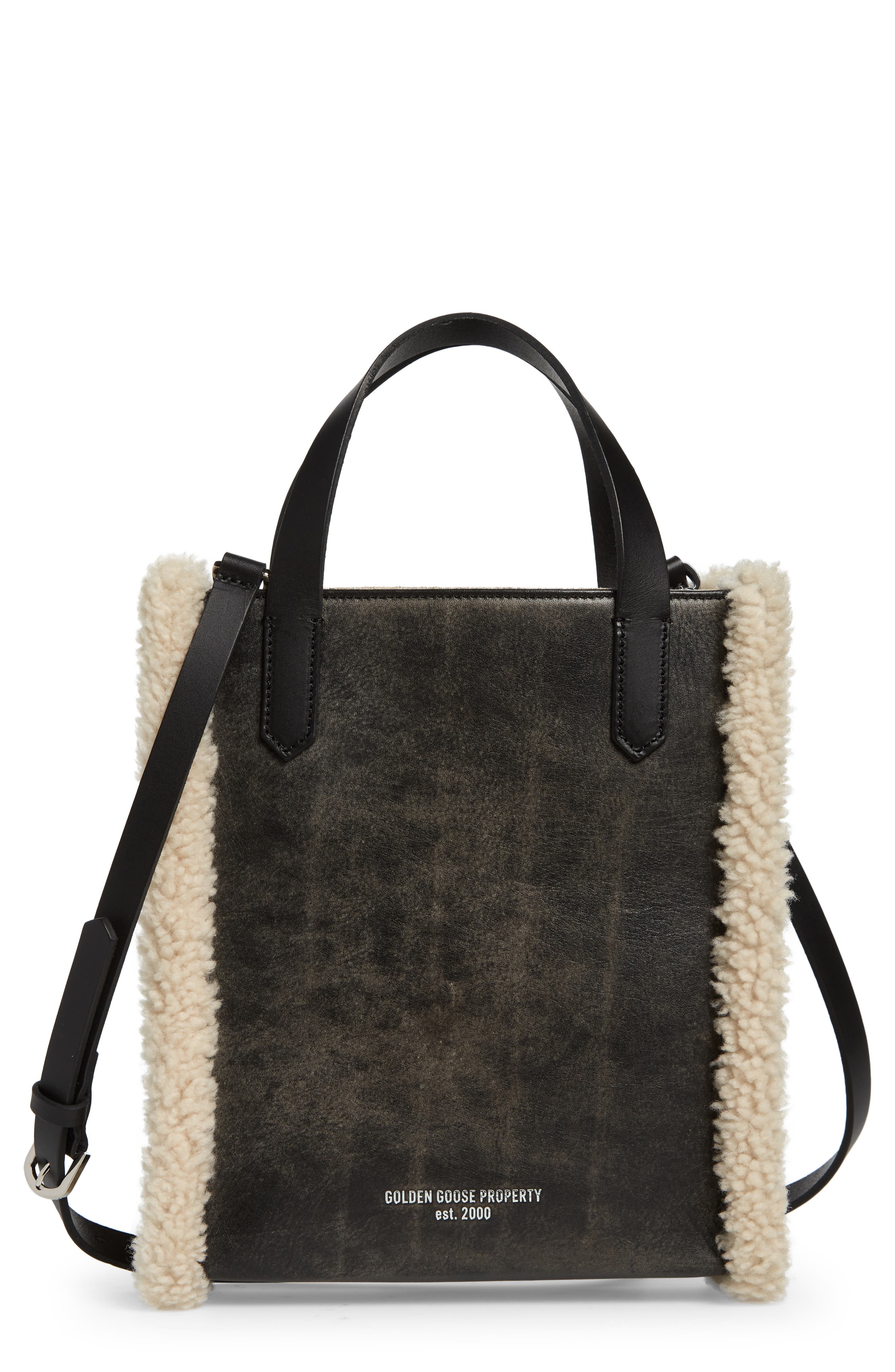 Golden Goose Mini California North/South Leather & Genuine Shearling Tote, Main, color, 