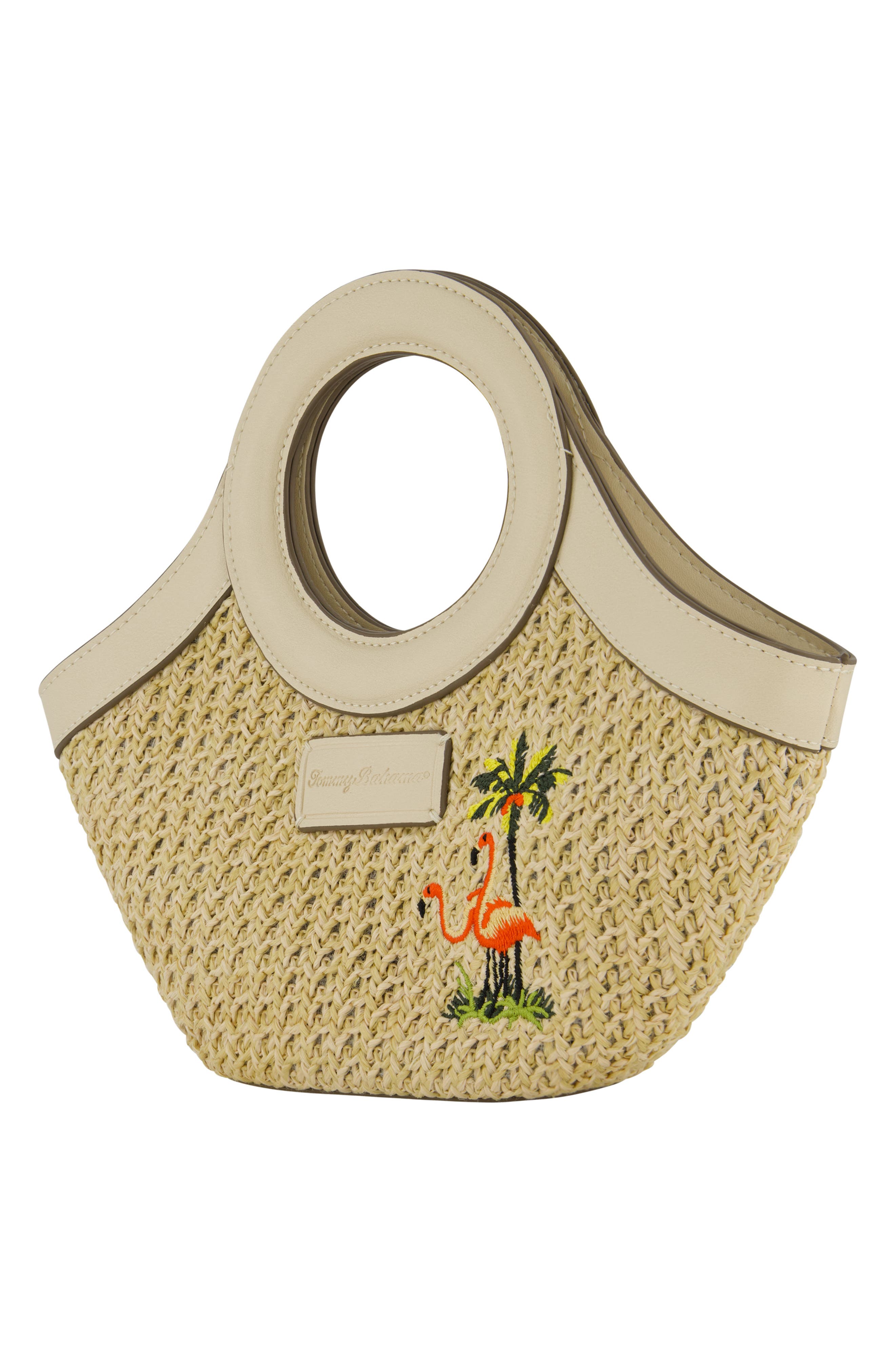 Tommy Bahama Mini Flamingo Embroidered Woven Tote Bag, Alternate, color, Cream