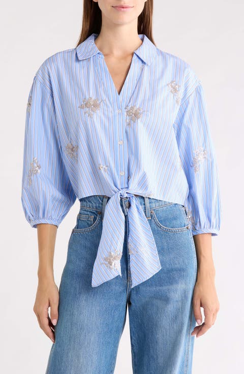 Sequin Balloon Stripe Cotton Shirt