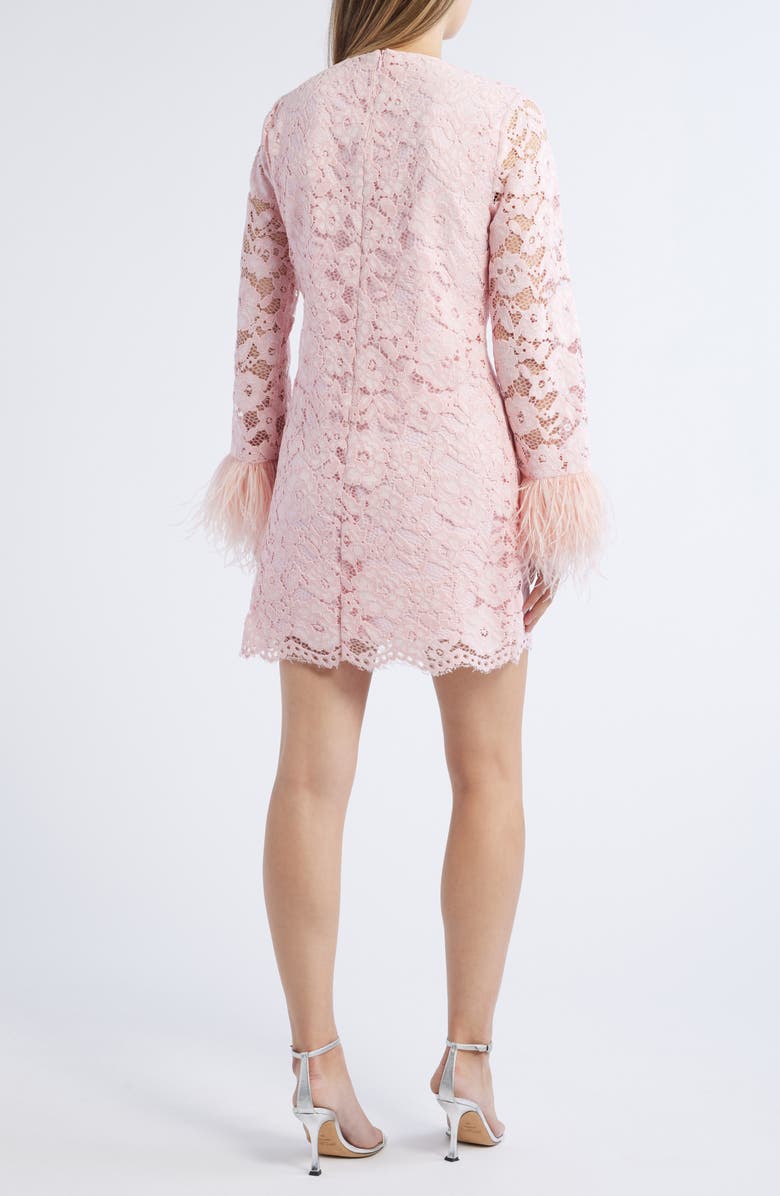 LIKELY Lorie Feather Trim Long Sleeve Lace Minidress, Alternate, color, 