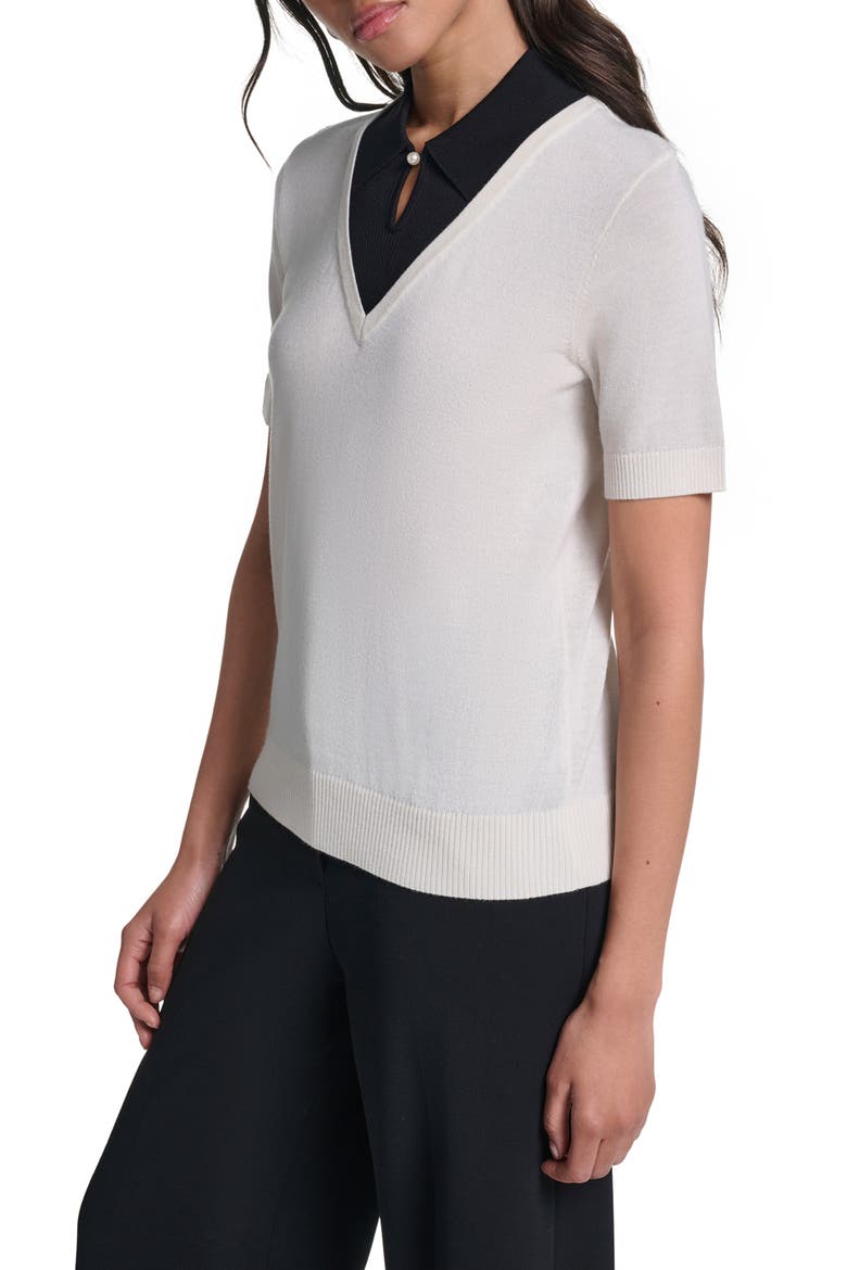 Layered Short Sleeve Sweater, Alternate, color, BIRCH/ BLACK