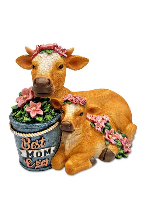 Best Mom Floral Cow And Calf Figurine