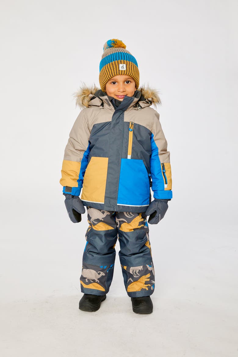Play Faux Fur Hood Jacket & Dinosaur Pants Two Piece Snowsuit, Alternate, color, Grey and Blue Dinosaur Print