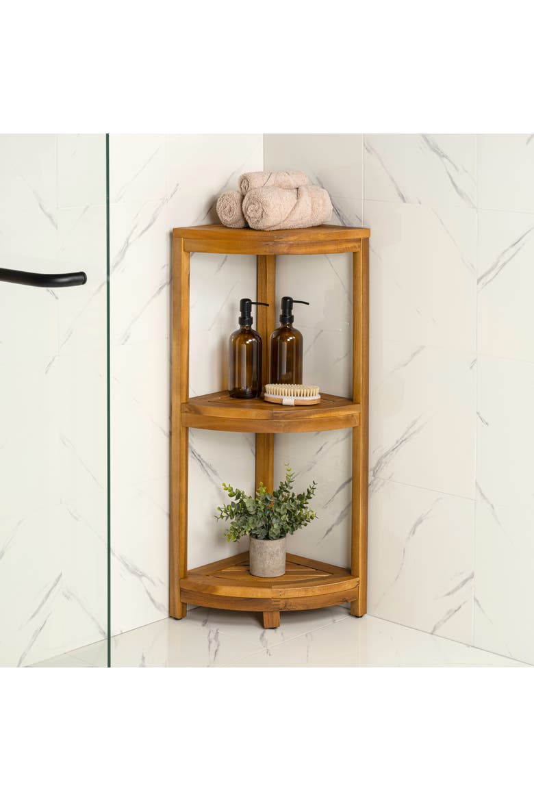 Sela 33" Classic Minimalist 3-Tier Acacia Wood Freestanding Bathroom Corner Shelf, Alternate, color, Natural