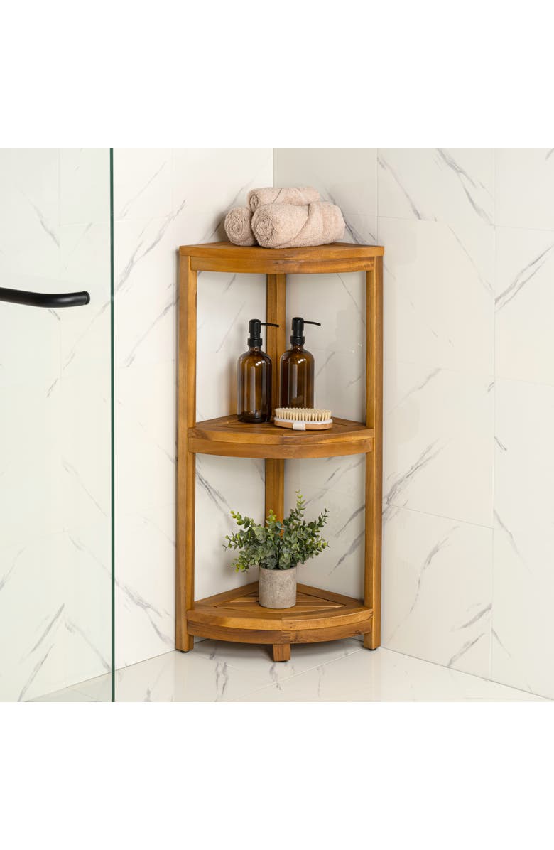 HAPPIMESS Sela 33" Classic Minimalist 3-Tier Acacia Wood Freestanding Bathroom Corner Shelf, Alternate, color, Natural