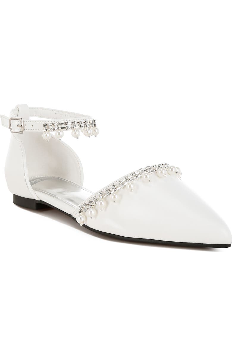 Rag & Co Aouva Rhinestone & Faux Pearl Almond Toe Flat, Main, color, White
